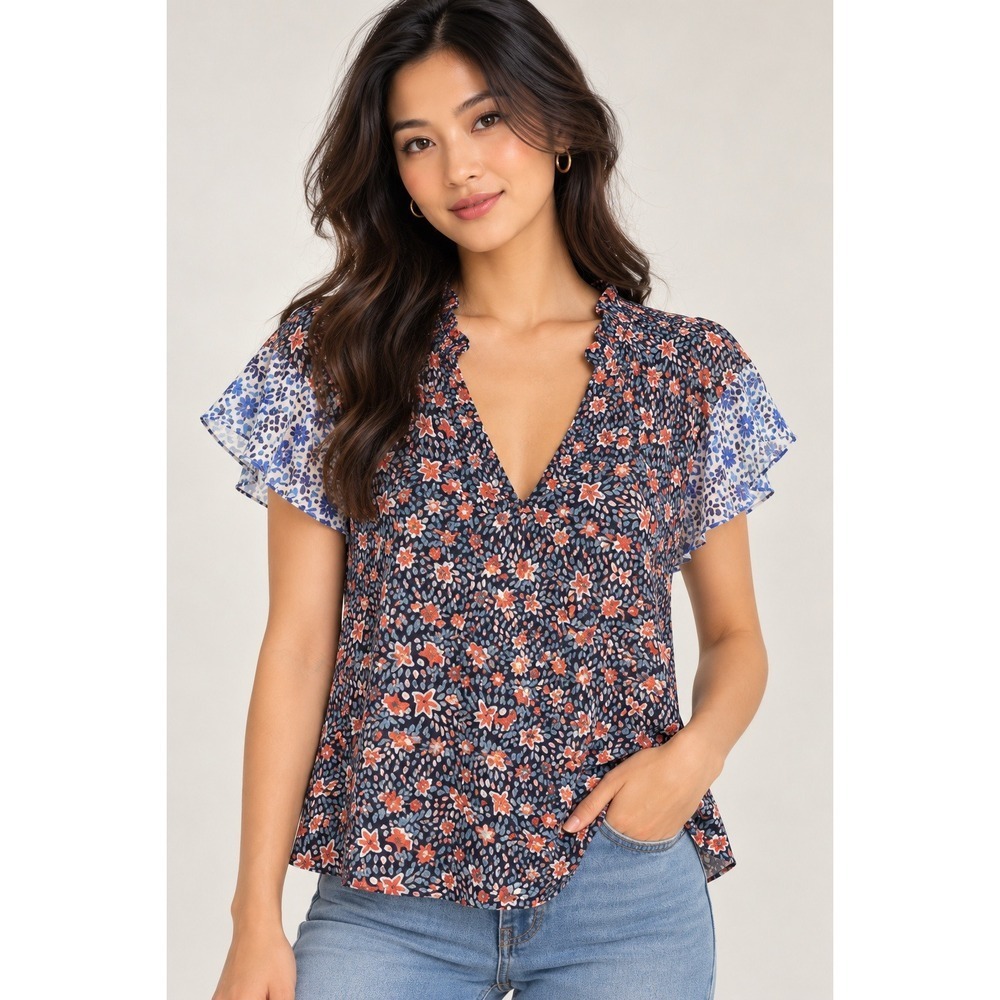 Rebecca Taylor Silk Blend Floral Blouse S V Neck Flutter Sleeve Navy Coral